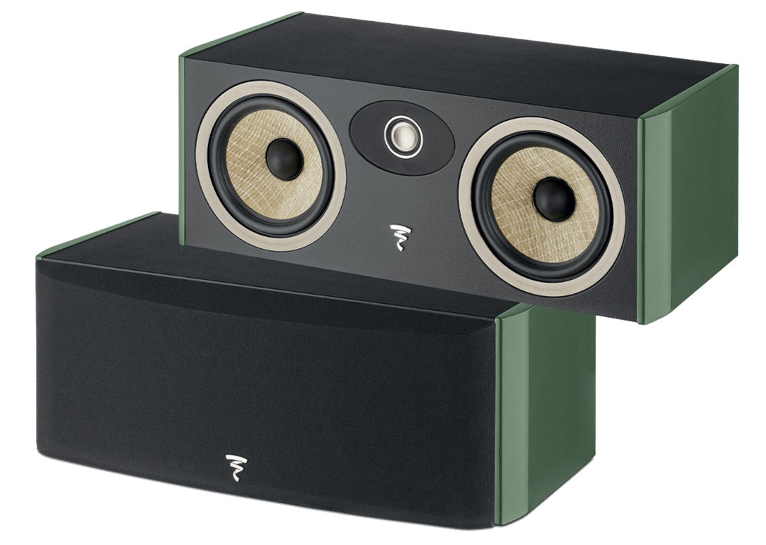 Focal Aria EVO X Centre Speakers in Moss Green, shown without and with grille