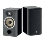 Focal Aria EVO X N° 1 Bookshelf Speaker pair in Black.  Image shows one speaker without Grille and one with Grille