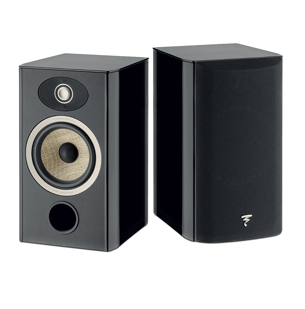 Focal Aria EVO X N° 1 Bookshelf Speaker pair in Black.  Image shows one speaker without Grille and one with Grille