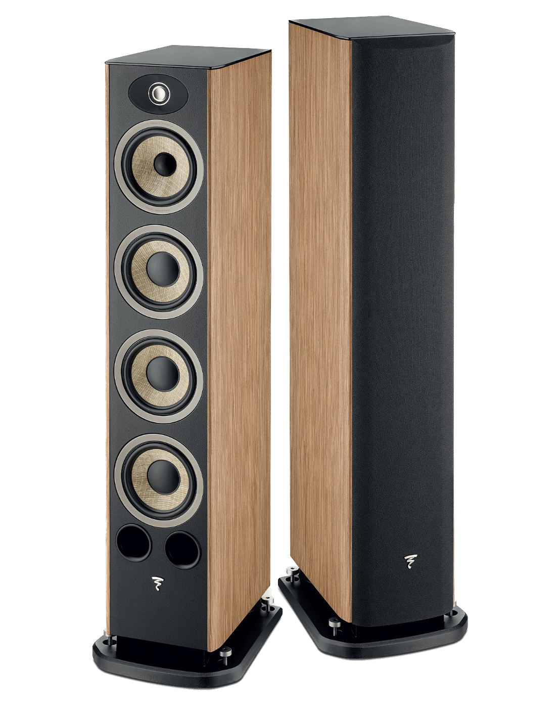 Focal Aria EVO X N° 3 Floorstanding Speaker pair in Prime Walnut. One without and the other with grille