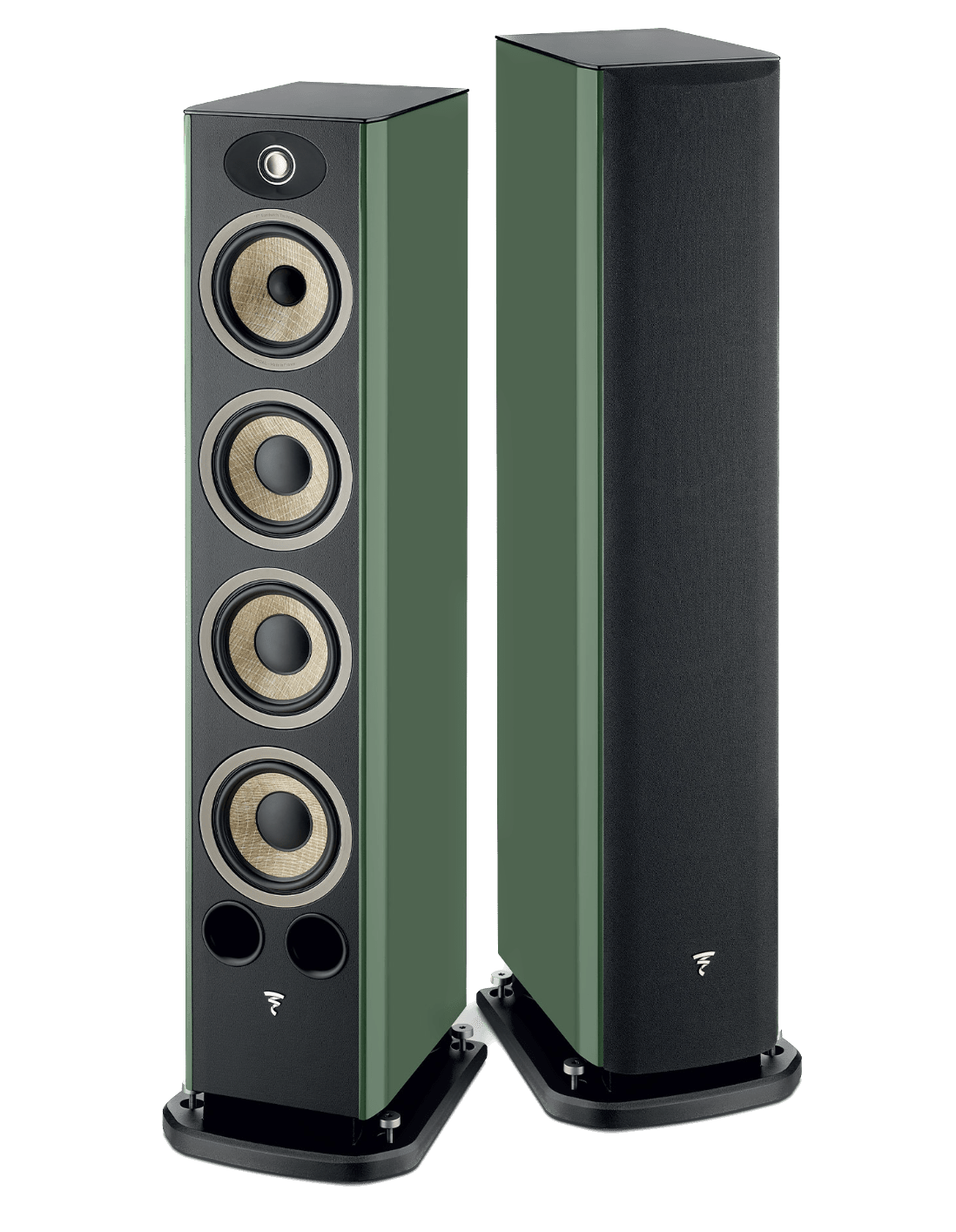 Focal Aria EVO X N° 3 Floorstanding Speaker pair in Moss Green. One without and the other with grille