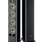 Focal Aria EVO X N° 3 Floorstanding Speaker pair in High Gloss Black. One without and the other with grille