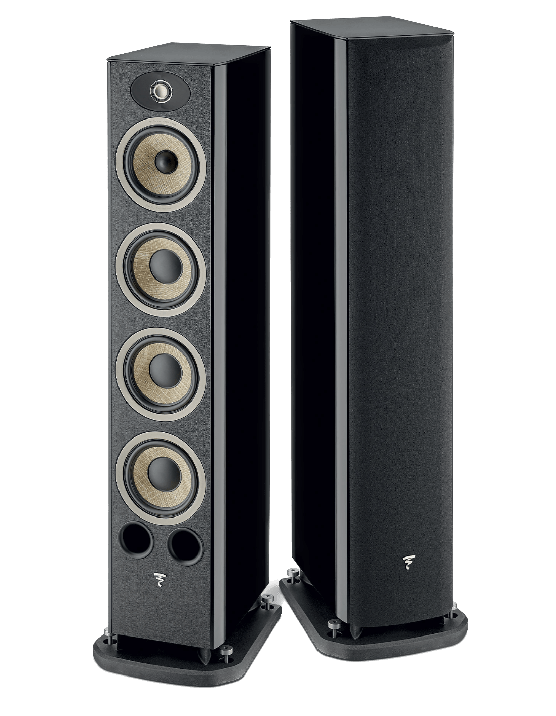 Focal Aria EVO X N° 3 Floorstanding Speaker pair in High Gloss Black. One without and the other with grille