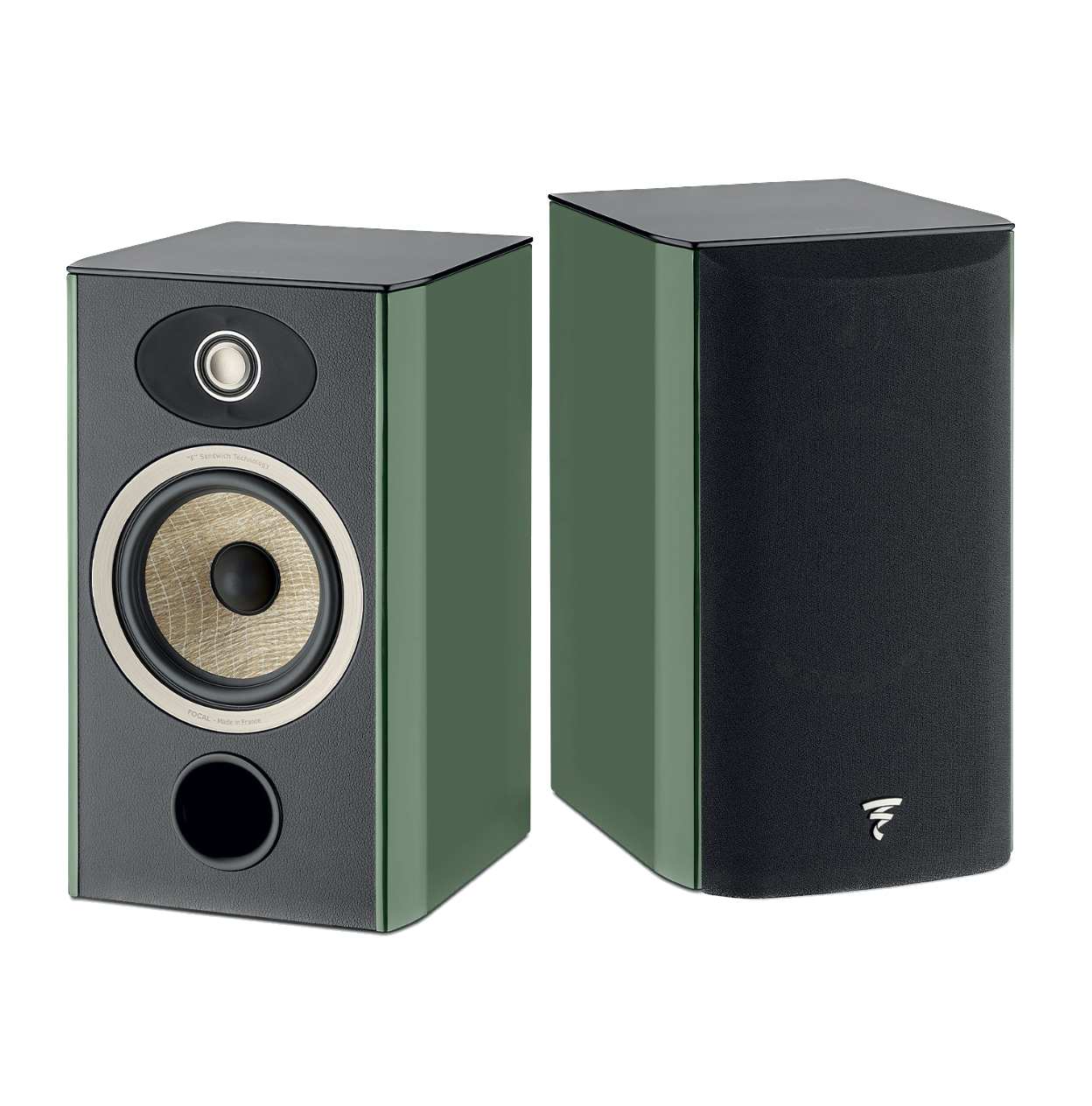 Focal Aria EVO X N° 1 Bookshelf Speaker pair in Moss Green.  Image shows one speaker without Grille and one with Grille