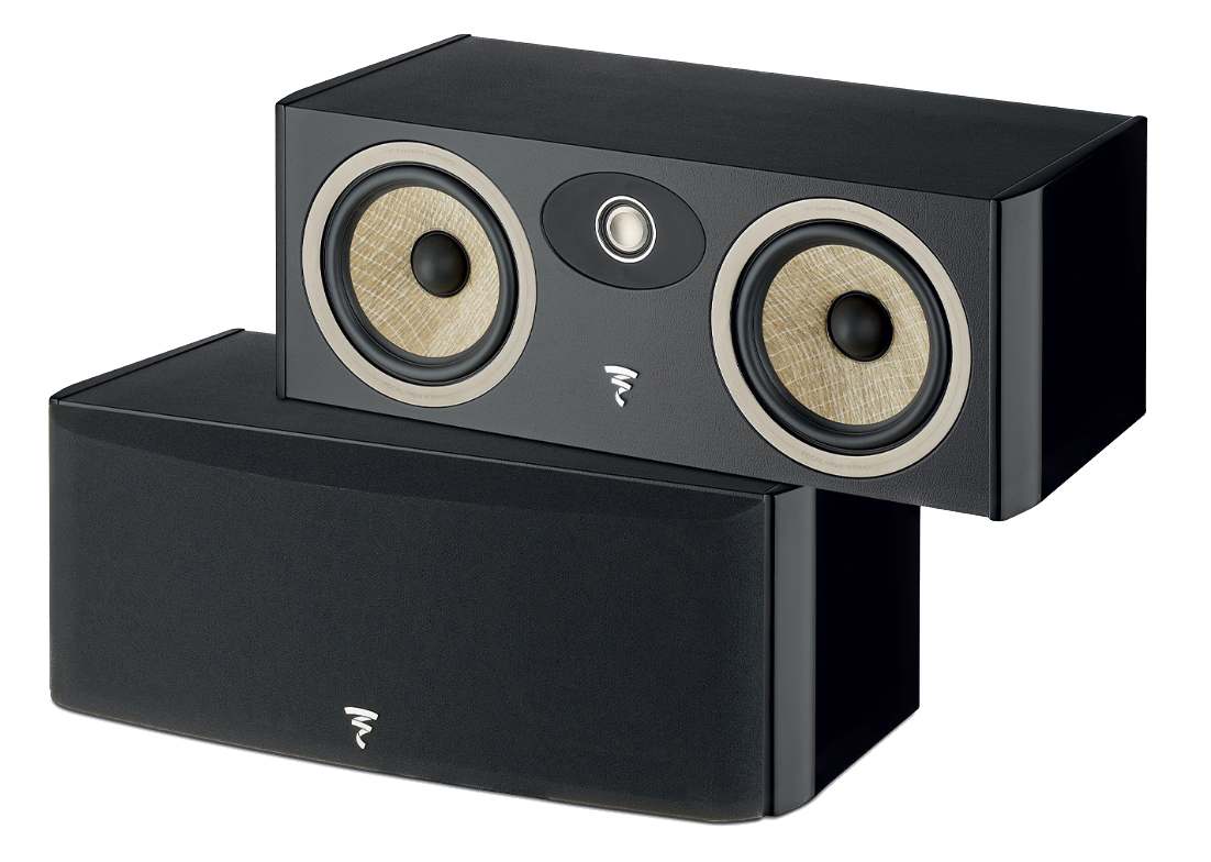 Focal Aria EVO X Centre Speakers in Black, shown without and with grille