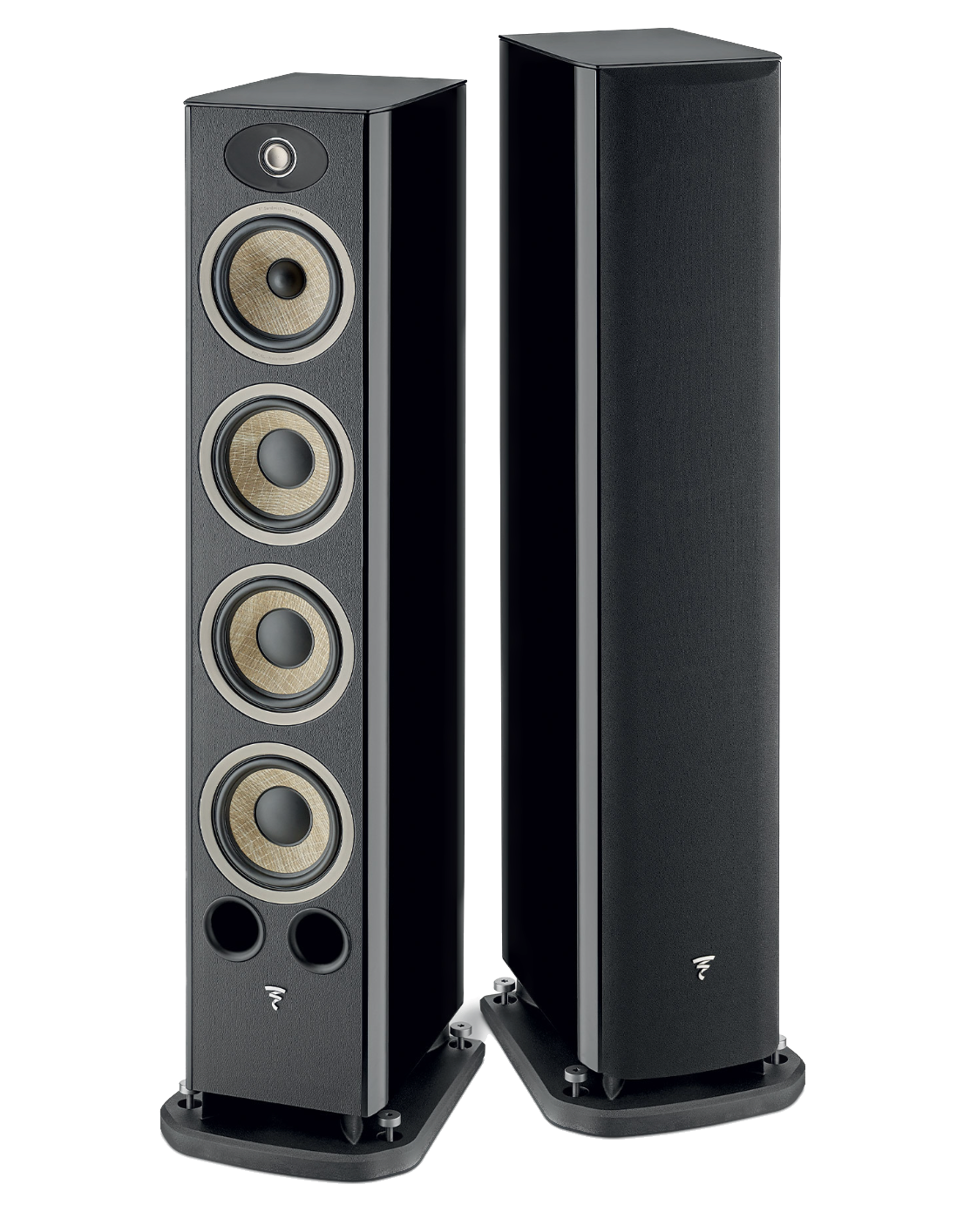 Focal Aria EVO X N° 3 Floorstanding Speaker pair in High Gloss Black. One without and the other with grille