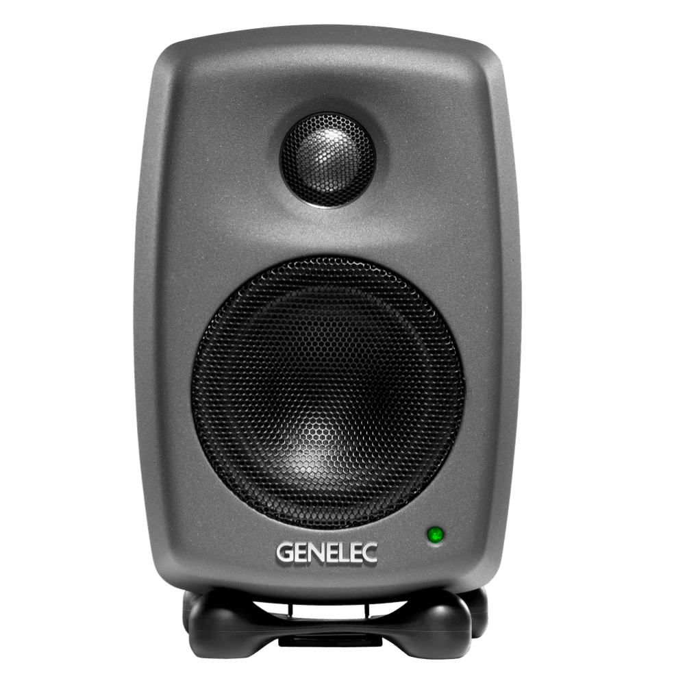 Genelec 8010A Active Studio Monitors.  Individual monitor shown in Dark Grey, front on
