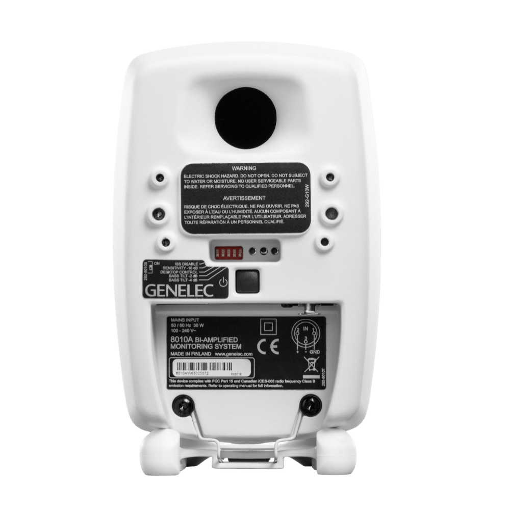 Genelec 8010A Active Studio Monitors.  Individual monitor shown in White, angled to the left