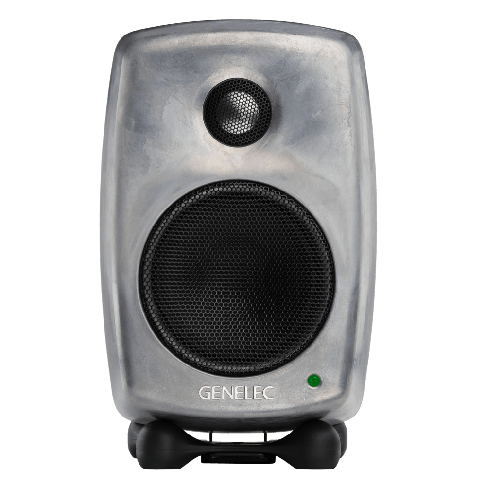 Genelec 8010A Active Studio Monitors.  Individual monitor shown in Raw, front on