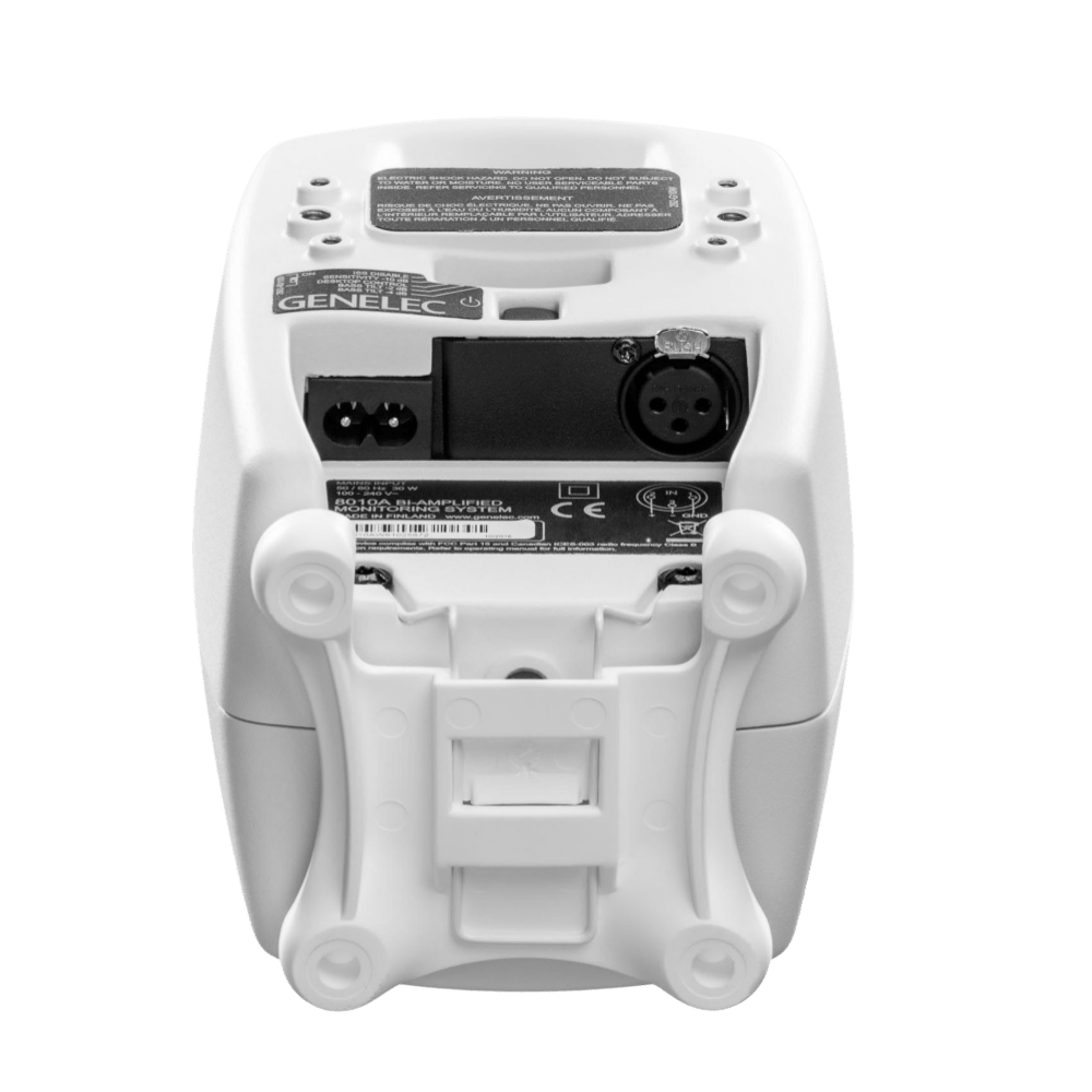 Genelec 8010A Active Studio Monitors.  Individual monitor shown in White, underside and back of unit shown