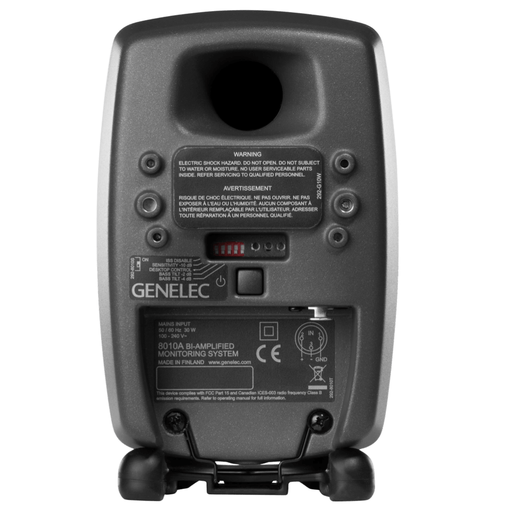 Genelec 8010A Active Studio Monitors.  Individual monitor shown in Dark Grey, back of unit