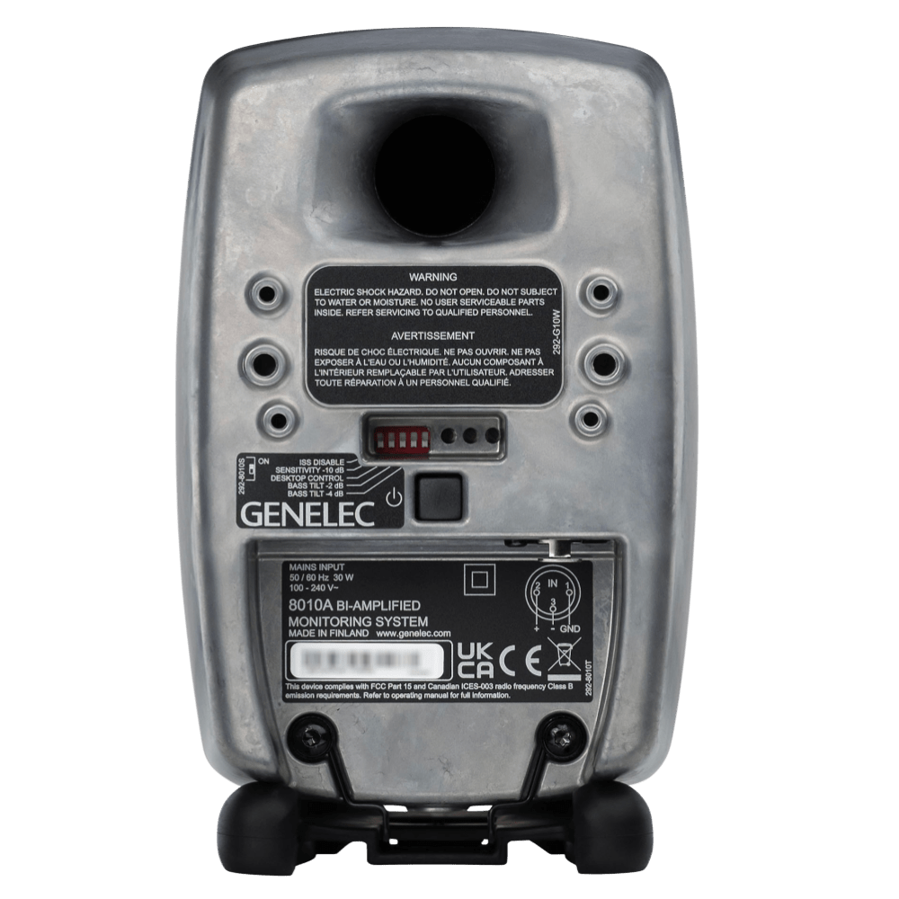 Genelec 8010A Active Studio Monitors.  Individual monitor shown in Raw, angled to the left