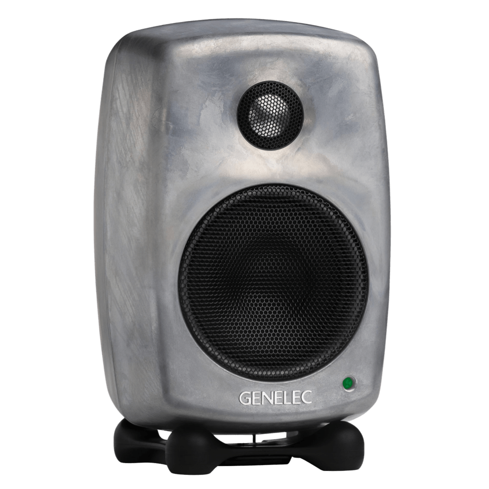 Genelec 8010A Active Studio Monitors.  Individual monitor shown in Raw, angled to the rght