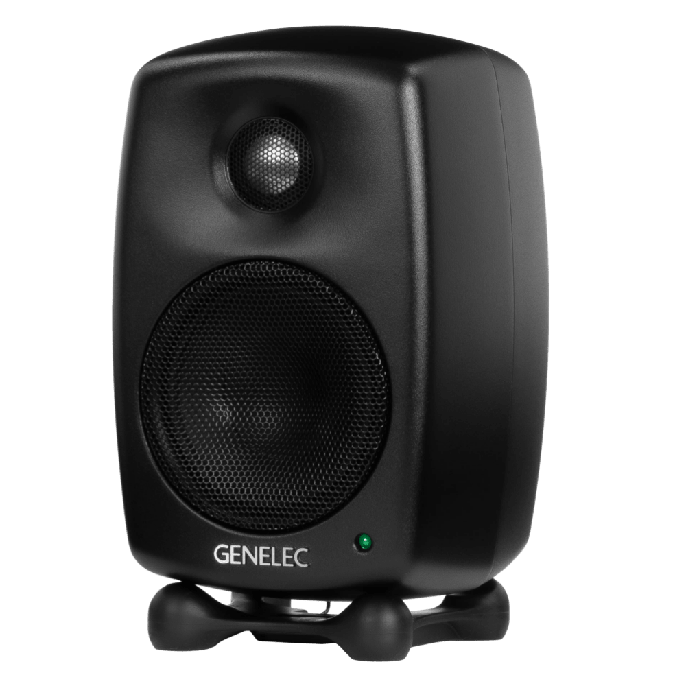 Genelec 8010A 3 inch Two-Way  Active Studio Monitors.  Individual monitor shown in Special Order Black, angled to the left