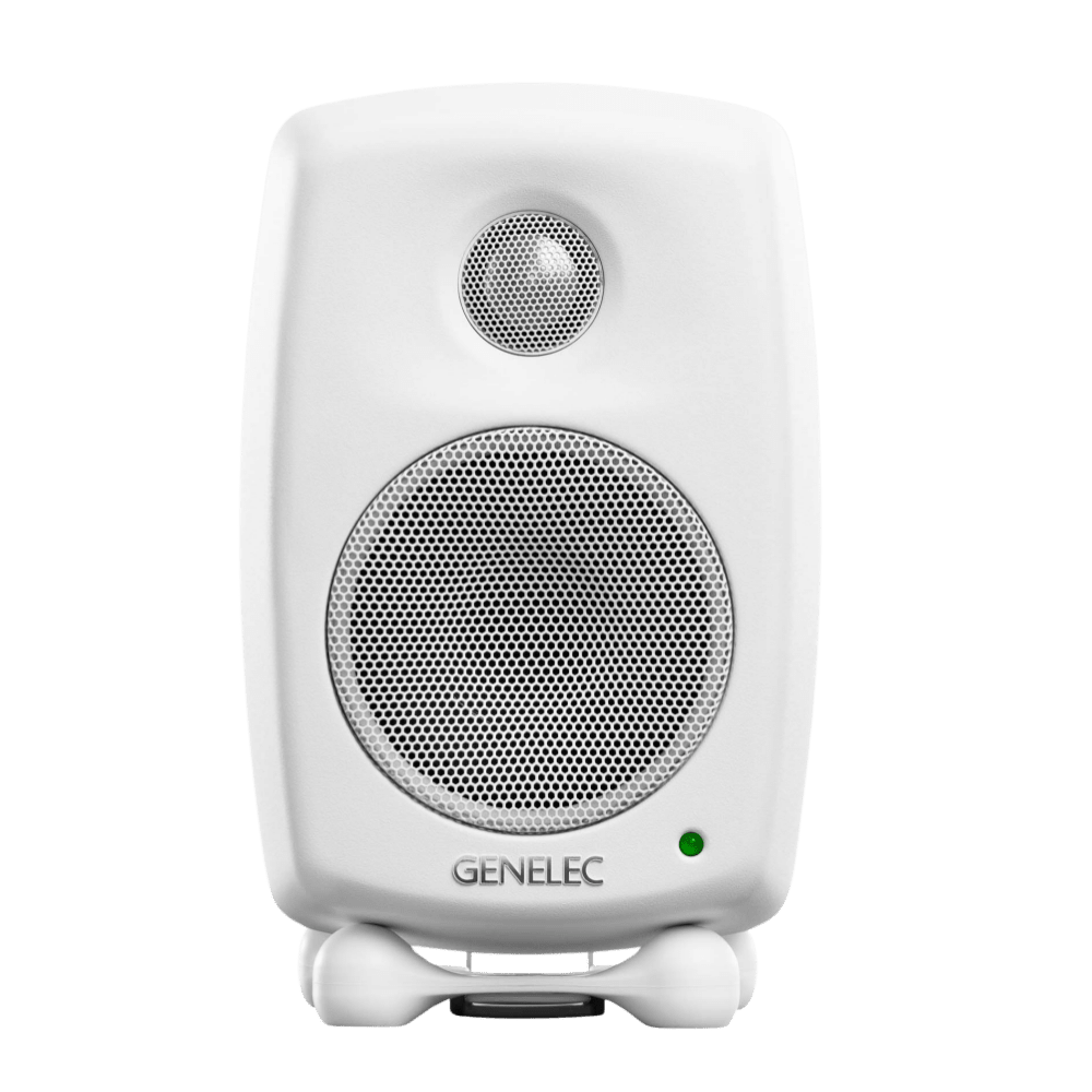 Genelec 8010A Active Studio Monitors.  Individual monitor shown in White, front on