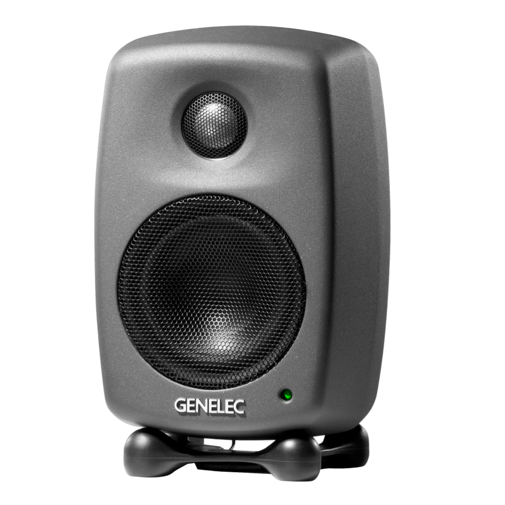 Genelec 8010A Active Studio Monitors.  Individual monitor shown in Dark Grey, angled to the left