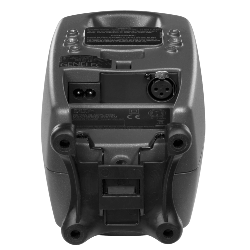 Genelec 8010A Active Studio Monitors.  Individual monitor shown in Dark Grey, underside and back of unit shown