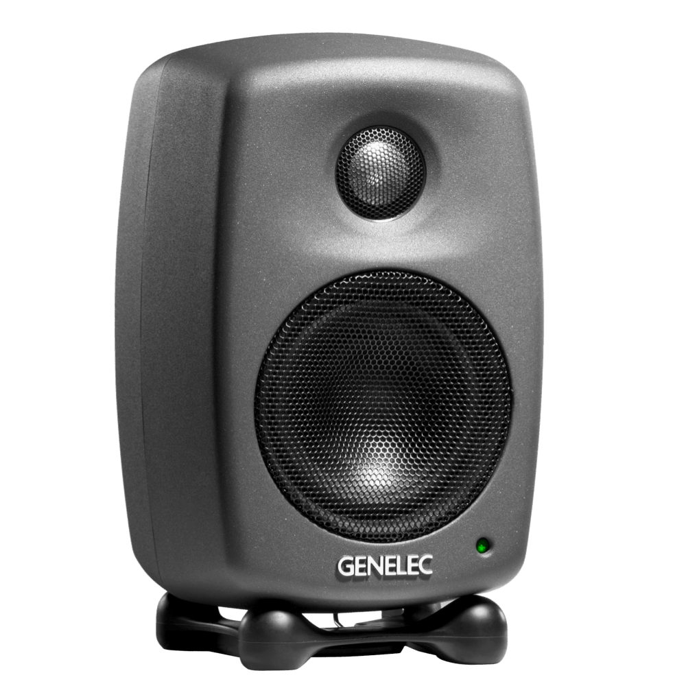 Genelec 8010A Active Studio Monitors.  Individual monitor shown in Dark Grey, angled to the right