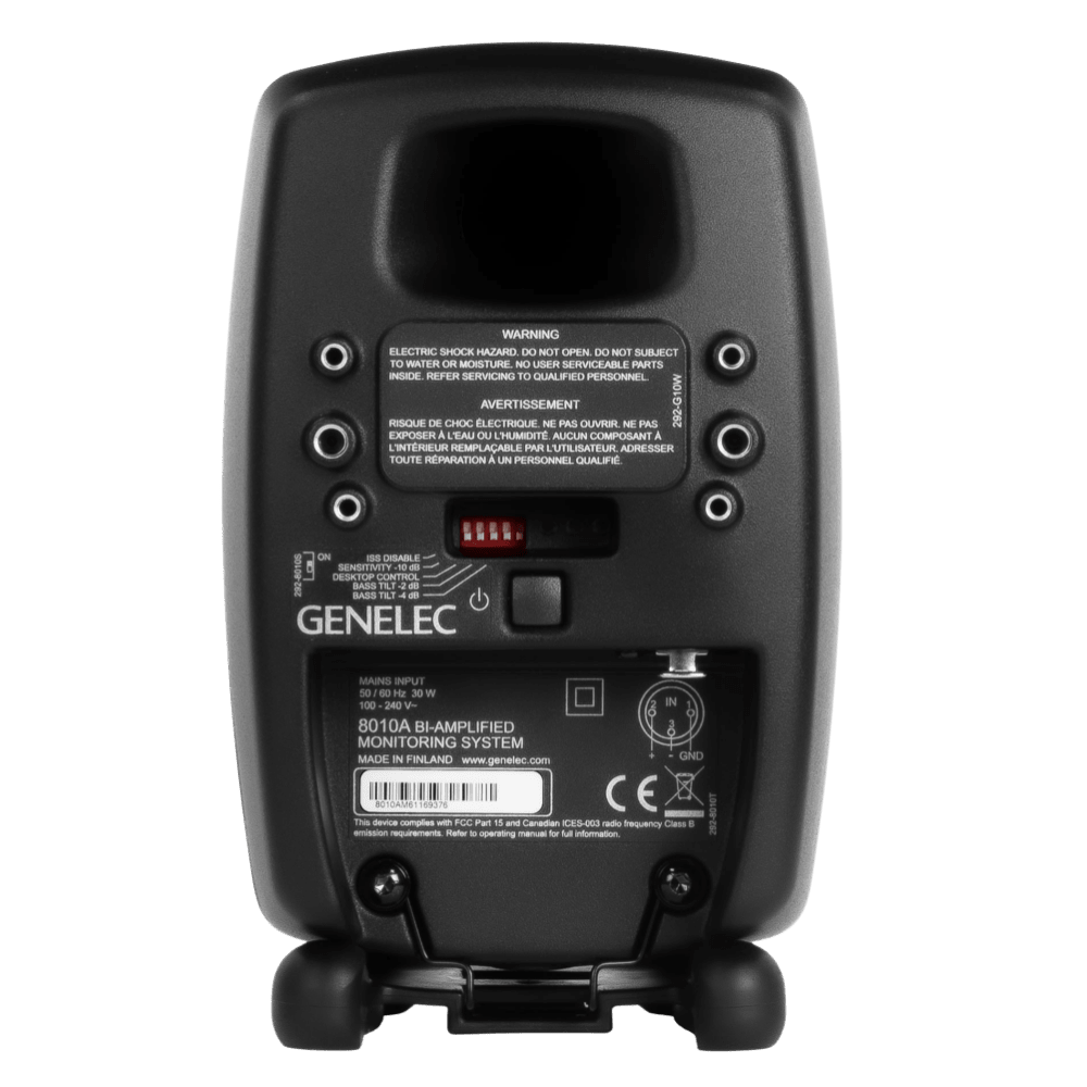 Genelec 8010A 3 inch Two-Way  Active Studio Monitors.  Individual monitor shown in Special Order Black, back of monitor