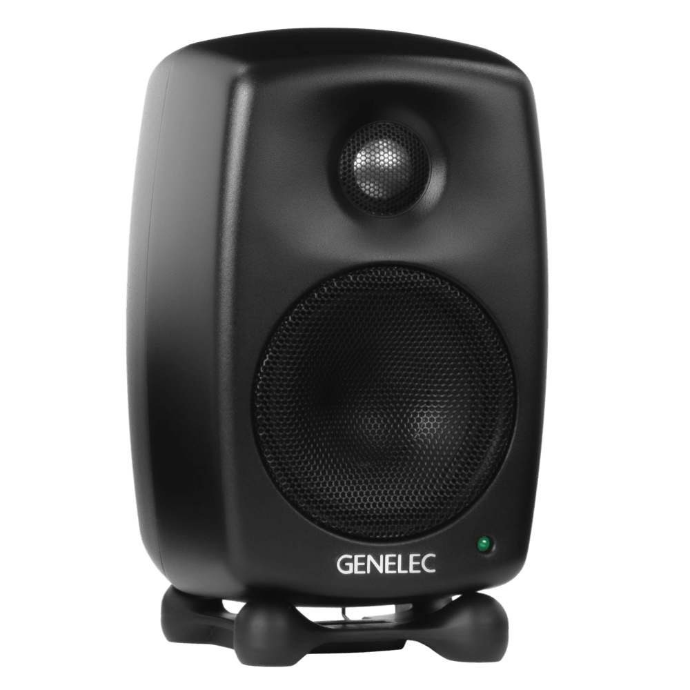 Genelec 8010A 3 inch Two-Way  Active Studio Monitors.  Individual monitor shown in Special Order Black, angled to the right