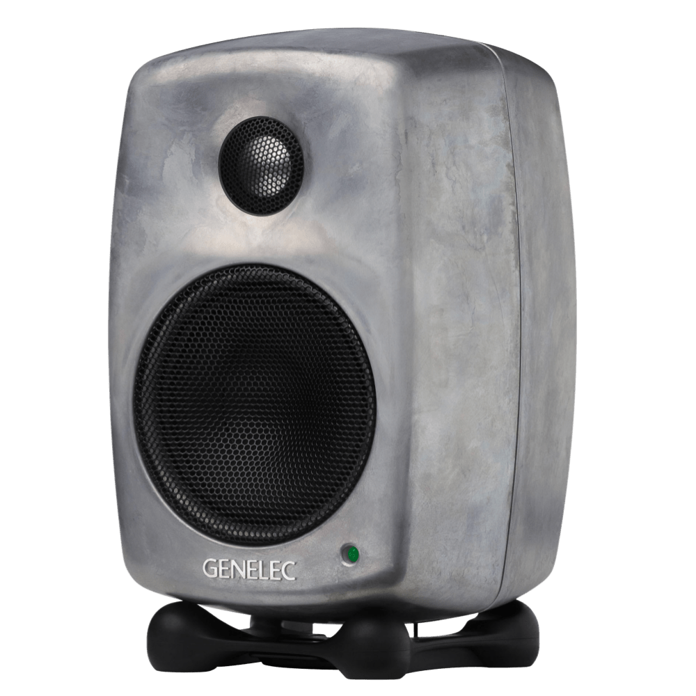 Genelec 8010A Active Studio Monitors.  Individual monitor shown in Raw, angled to the left