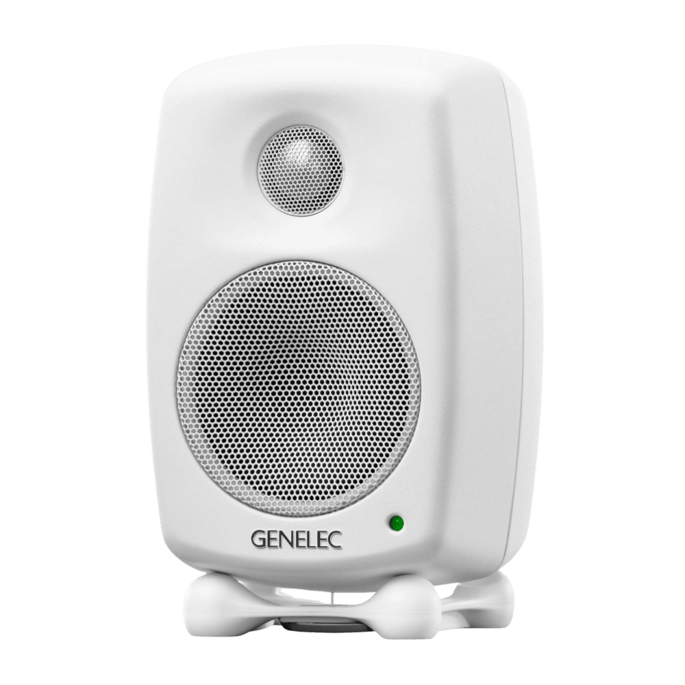 Genelec 8010A Active Studio Monitors.  Individual monitor shown in White, angled to the left