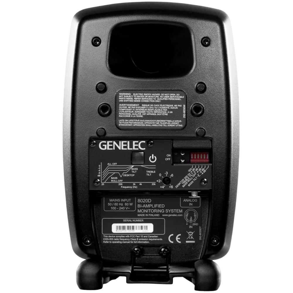 Genelec 8020D Two-Way  Active Studio Monitors.  Individual monitor shown in Special Order Black, rear of unit