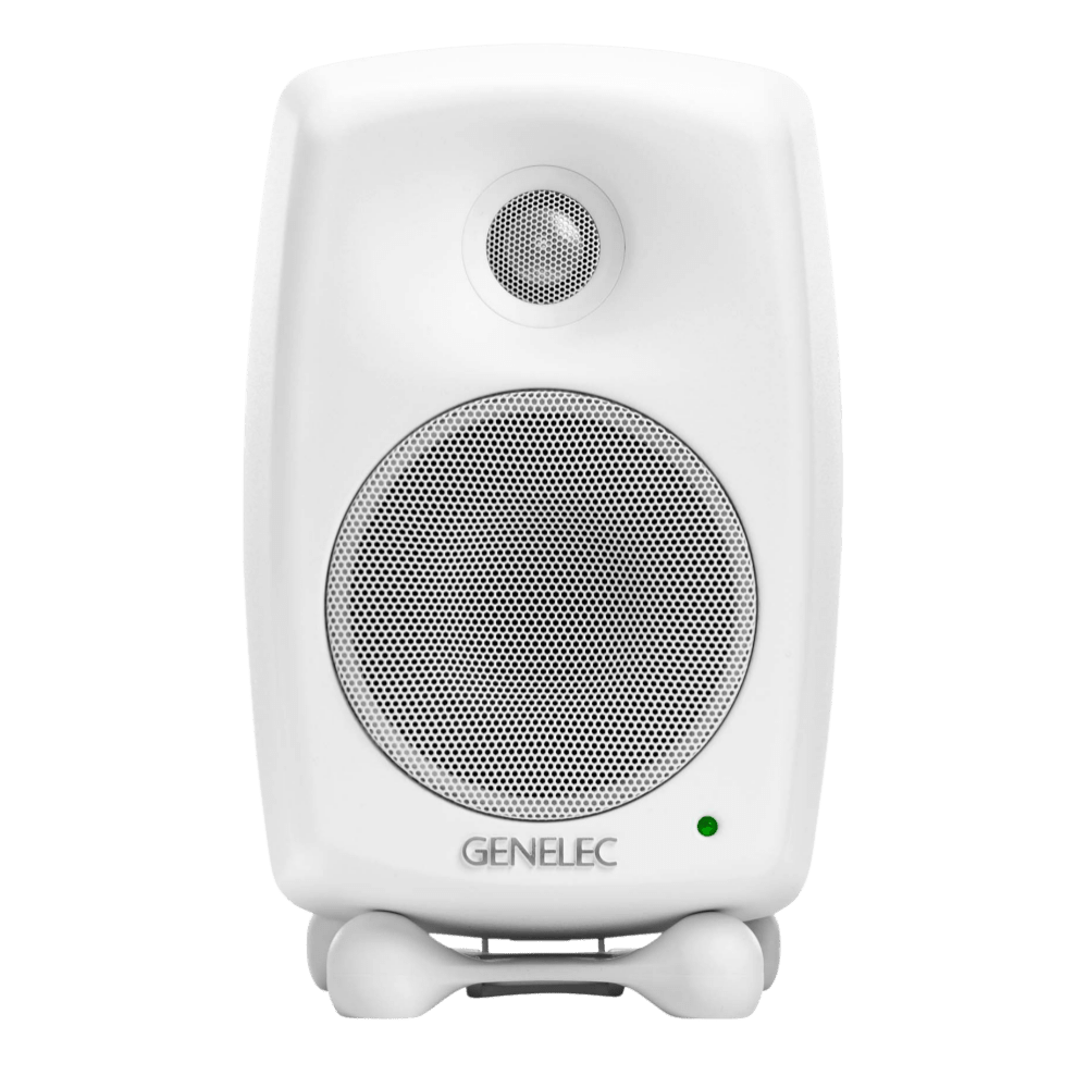 Genelec 8020D Two-Way  Active Studio Monitors.  Individual monitor shown in White, front on