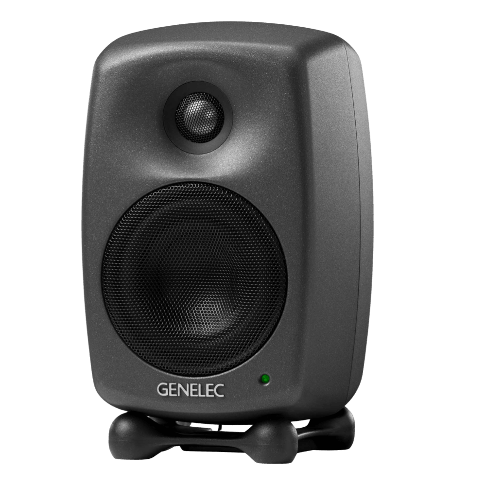 Genelec 8020D Two-Way  Active Studio Monitors.  Individual monitor shown in Dark Grey, angled to the left