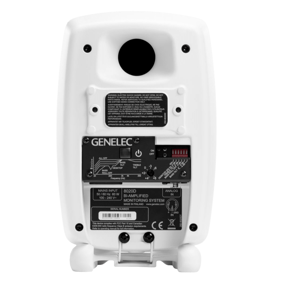 Genelec 8020D Two-Way Active Studio Monitors.  Individual monitor shown in White, back of unit