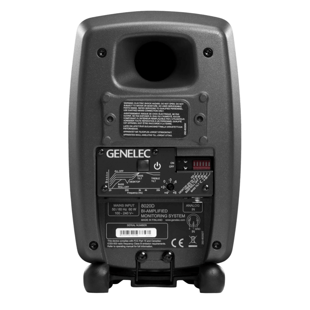 Genelec 8020D Two-Way Active Studio Monitors.  Individual monitor shown in Dark Grey, back of unit