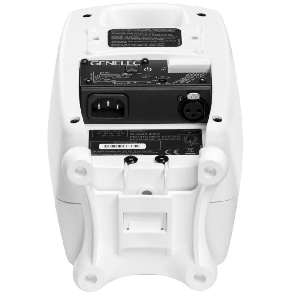 Genelec 8020D Two-Way Active Studio Monitors.  Individual monitor shown in White, back and underside of unit shown