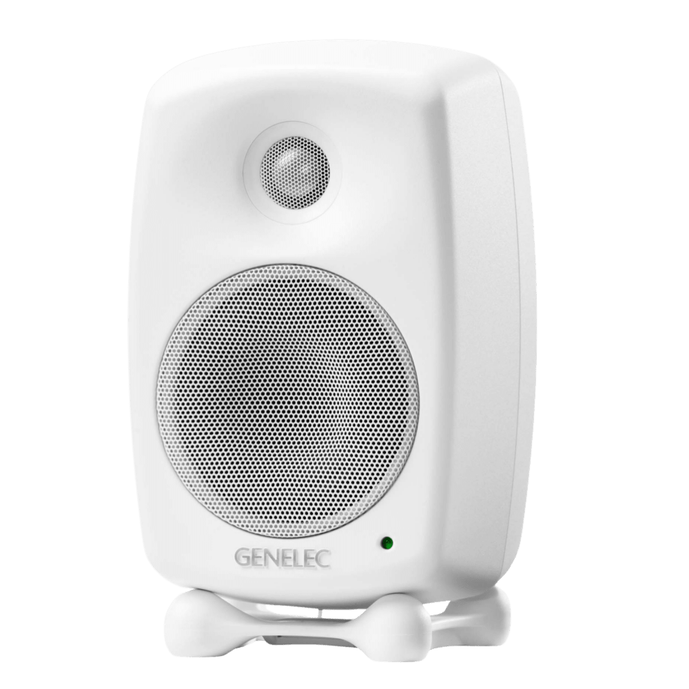 Genelec 8020D Two-Way  Active Studio Monitors.  Individual monitor shown in White, angled to the left