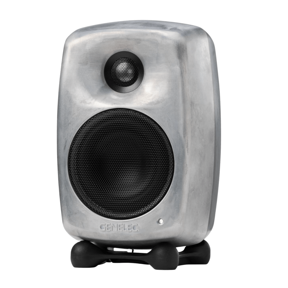 Genelec 8020D Two-Way  Active Studio Monitors.  Individual monitor shown in Raw, angled to the left