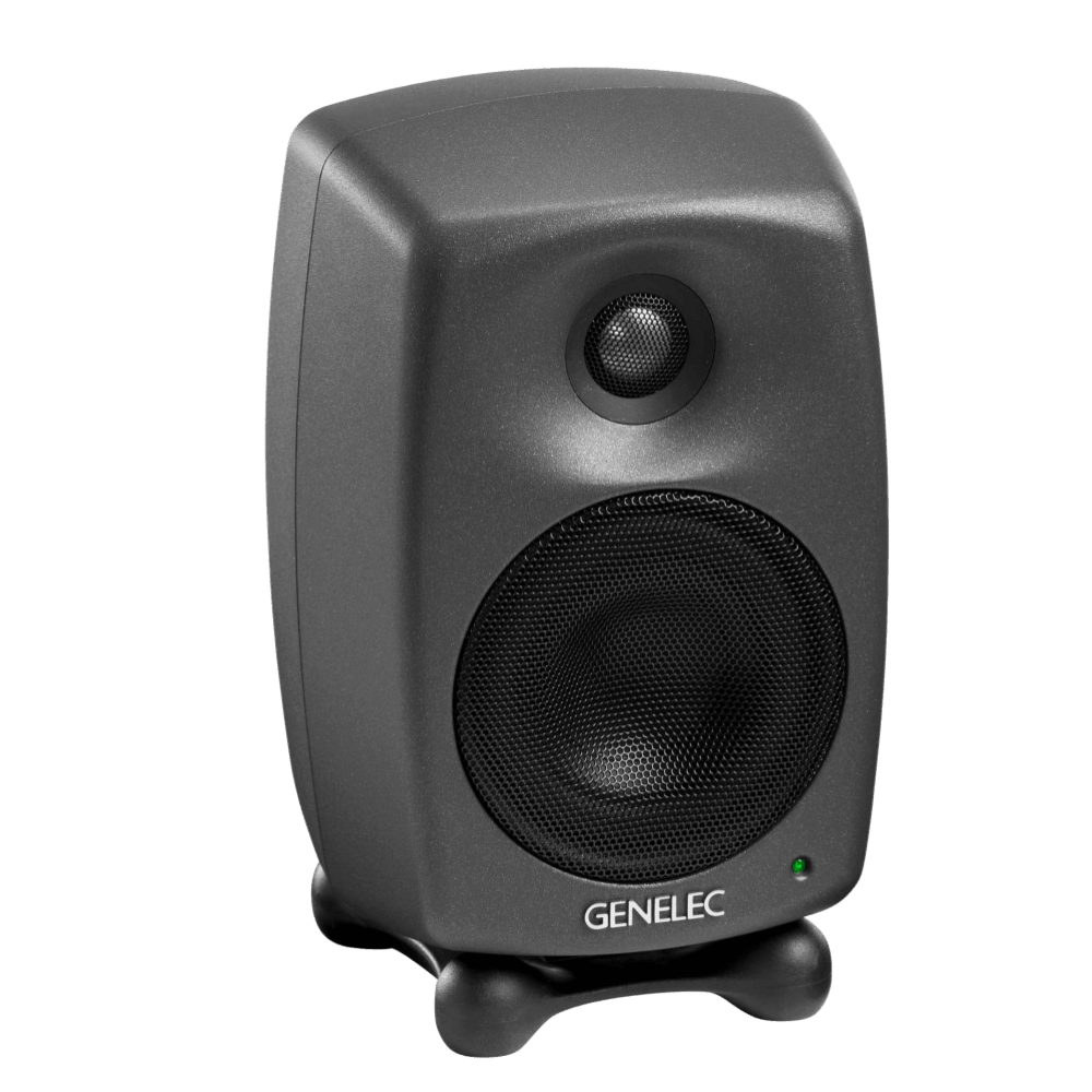 Genelec 8020D Two-Way  Active Studio Monitors.  Individual monitor shown in Dark Grey, angled to the right