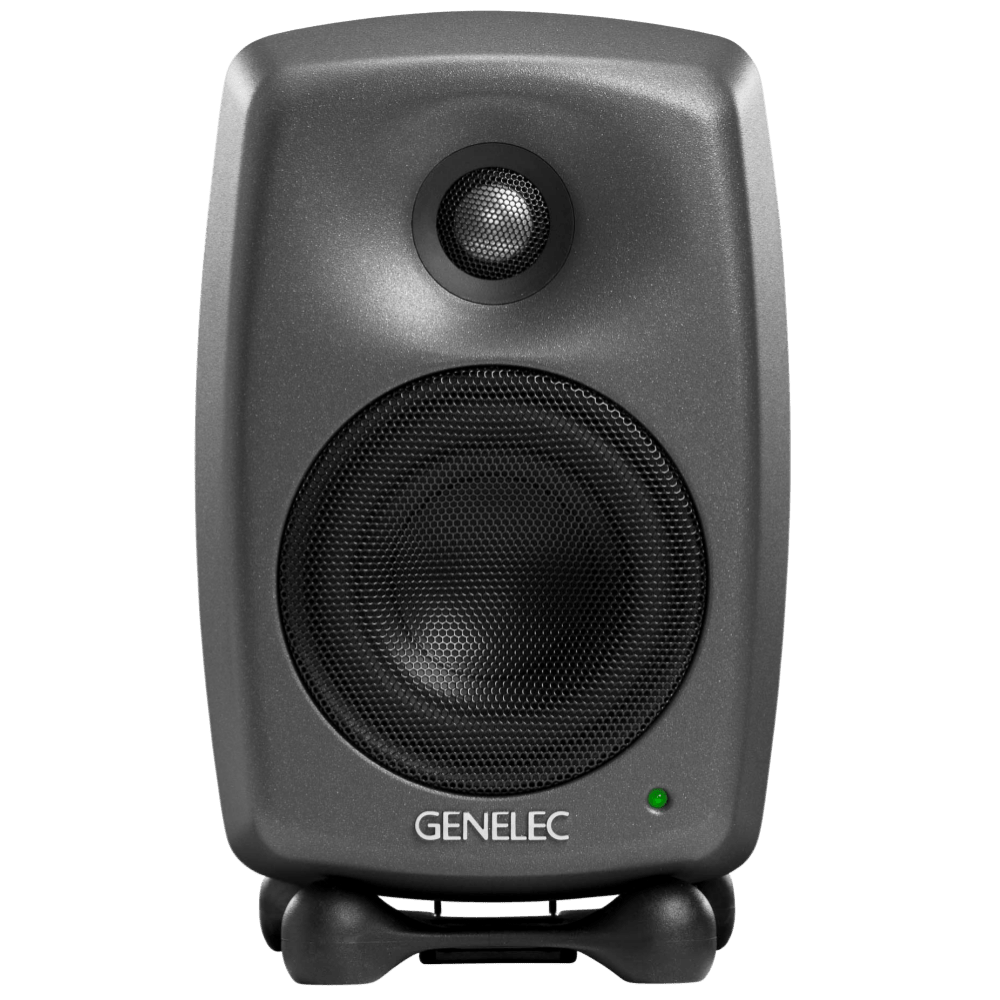 Genelec 8020D Two-Way  Active Studio Monitors.  Individual monitor shown in Dark Grey, front on