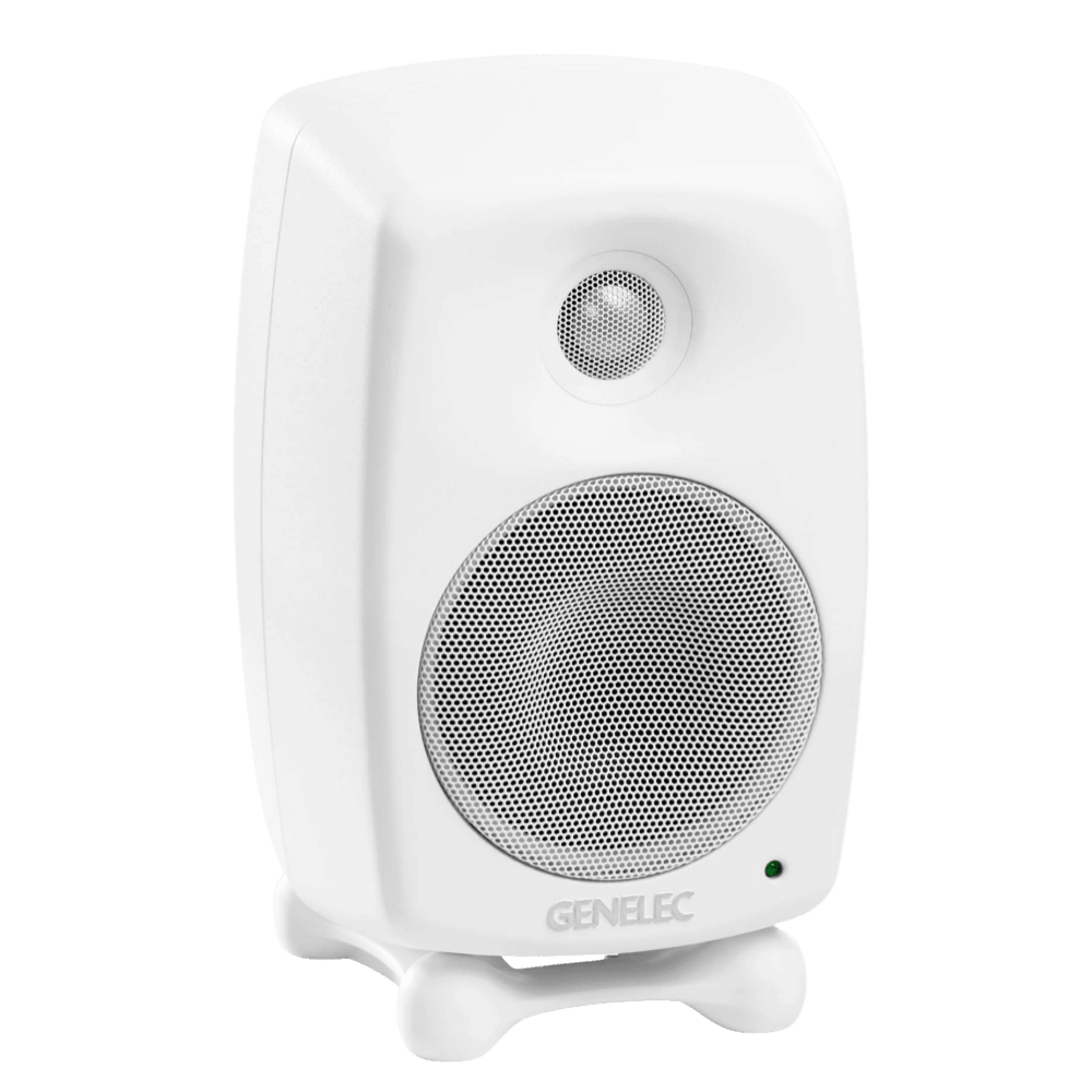 Genelec 8020D Two-Way  Active Studio Monitors.  Individual monitor shown in White, angled to the right