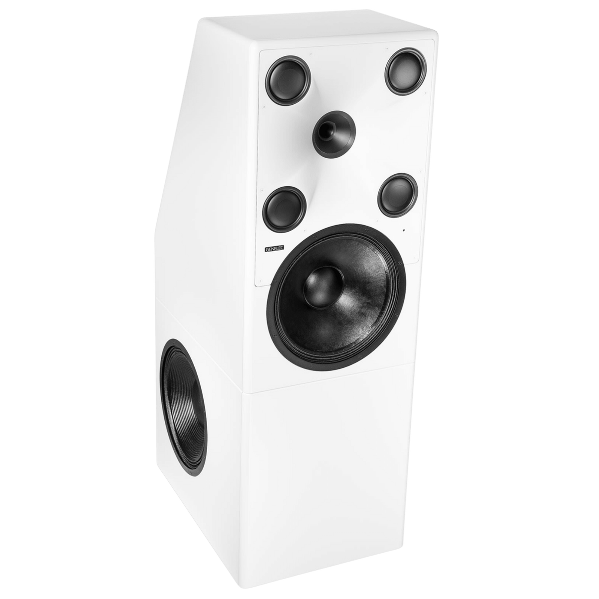 Genelec 8381A SAM™ Adaptive Source Point Monitor  in white, angled and tilted to the right 