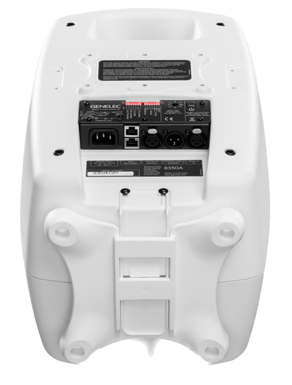 Genelec 8350A SAM Active Studio Monitors in white.  Bottom and back