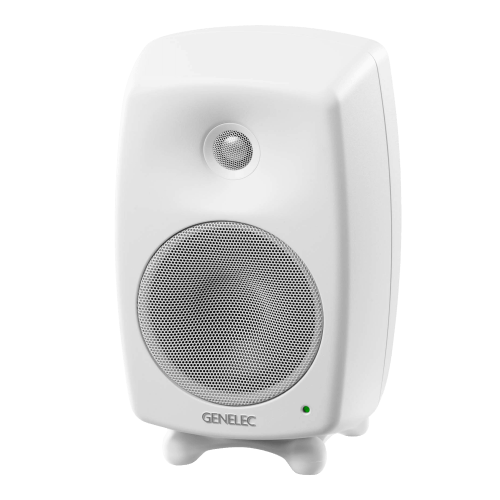 Genelec 8030C Two-Way  Active Studio Monitors.  Individual monitor shown in White, angled to the left.