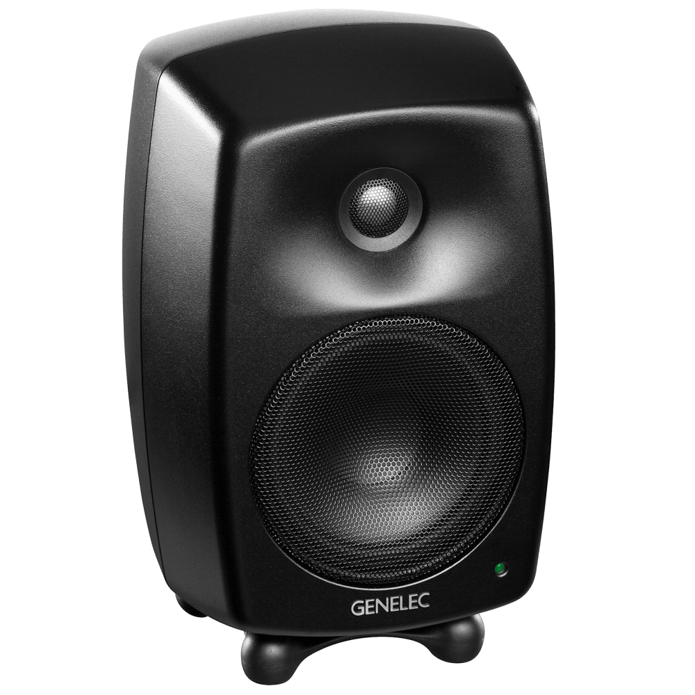 Genelec 8030C Two-Way  Active Studio Monitors.  Individual monitor shown in Black, angled to the right.