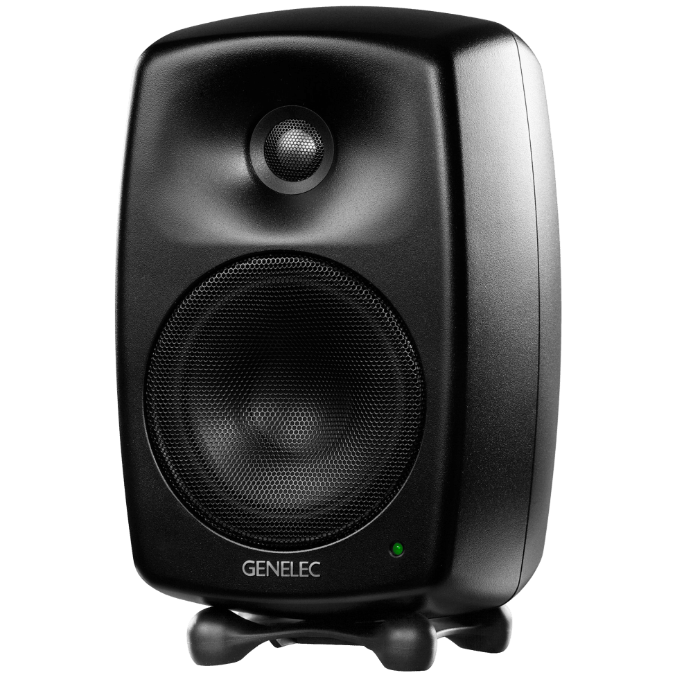 Genelec 8030C Two-Way  Active Studio Monitors.  Individual monitor shown in Black, angled to the left.