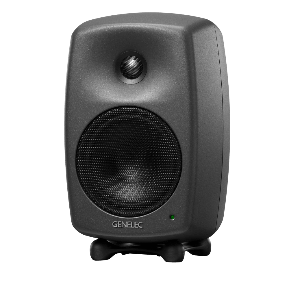 Genelec 8030C Two-Way  Active Studio Monitors.  Individual monitor shown in Dark Grey, angled to the left.