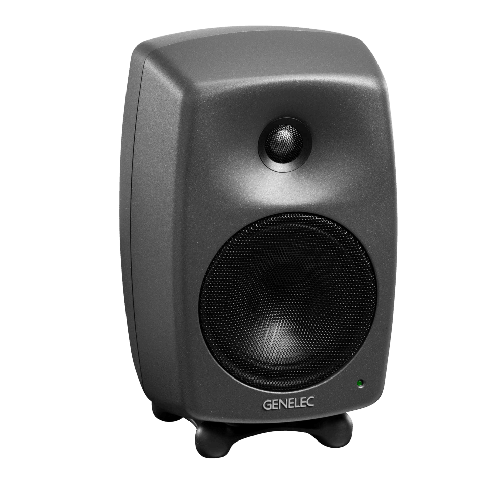 Genelec 8030C Two-Way  Active Studio Monitors.  Individual monitor shown in Dark Grey, angled to the right.