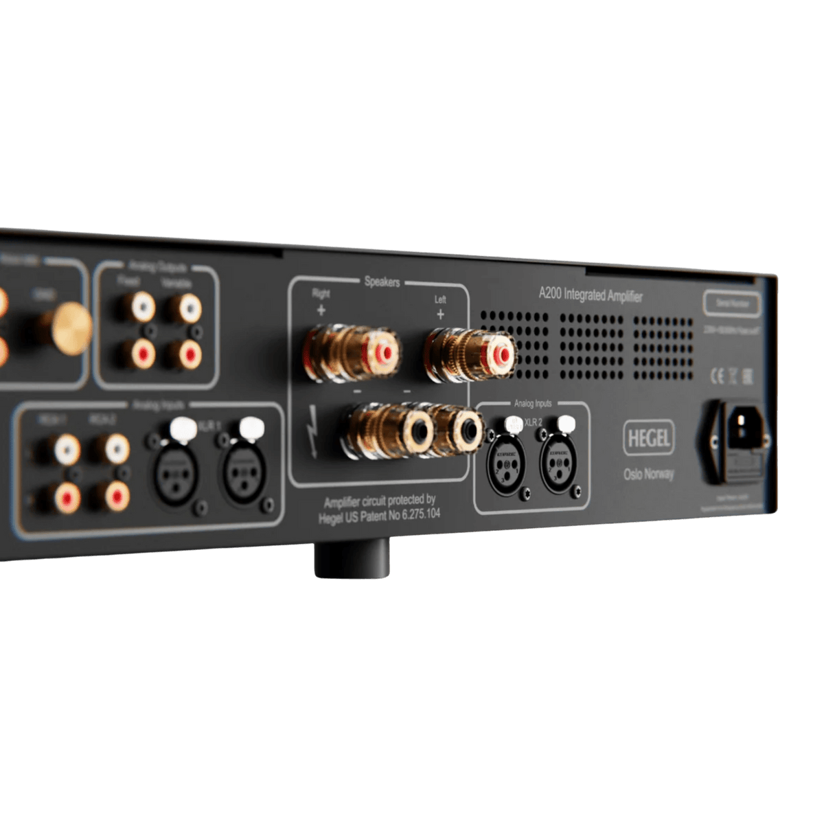Hegel A200 Integrated Amplifier, angled rear closeup