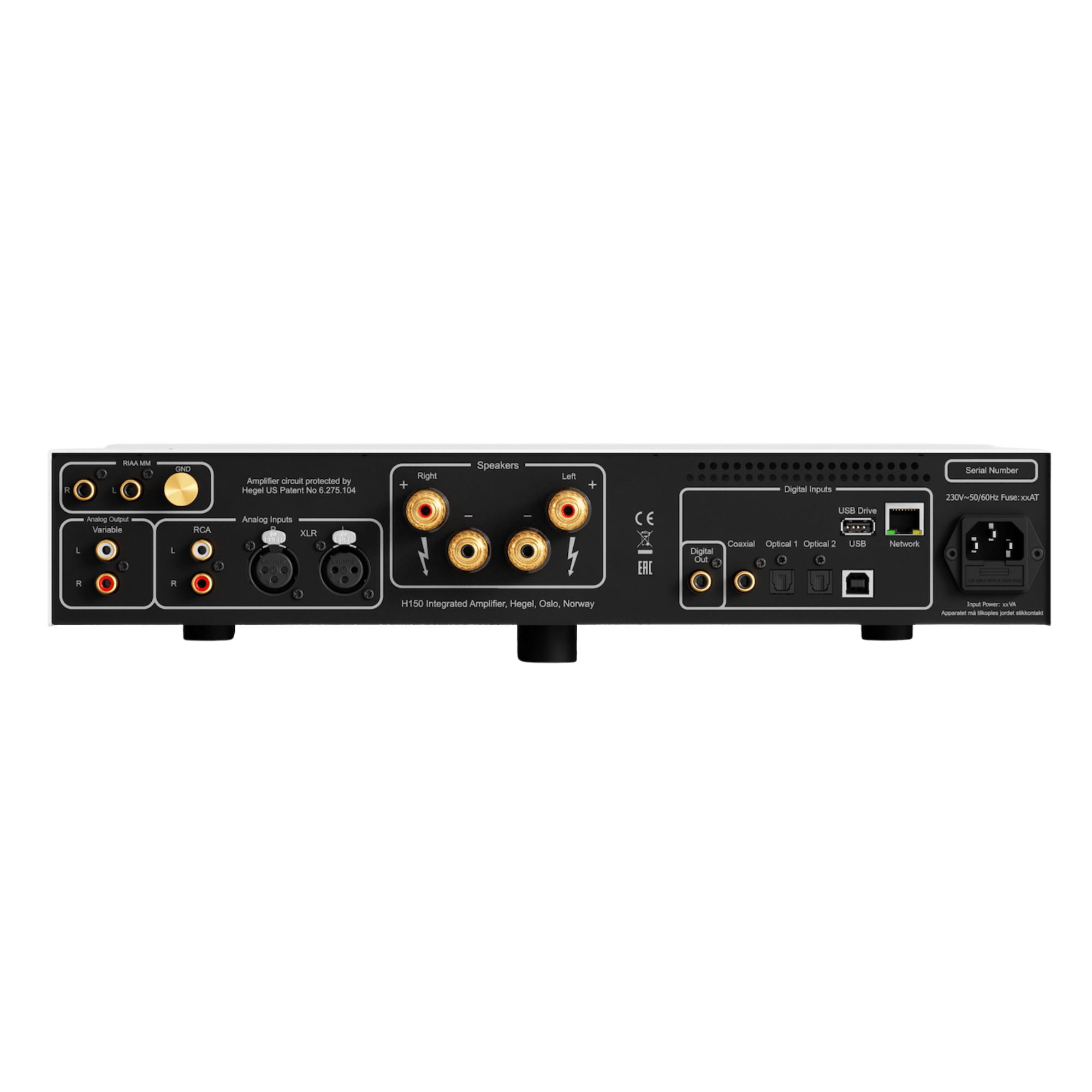 Hegel H150 Streaming Amplifier in white, back of unit