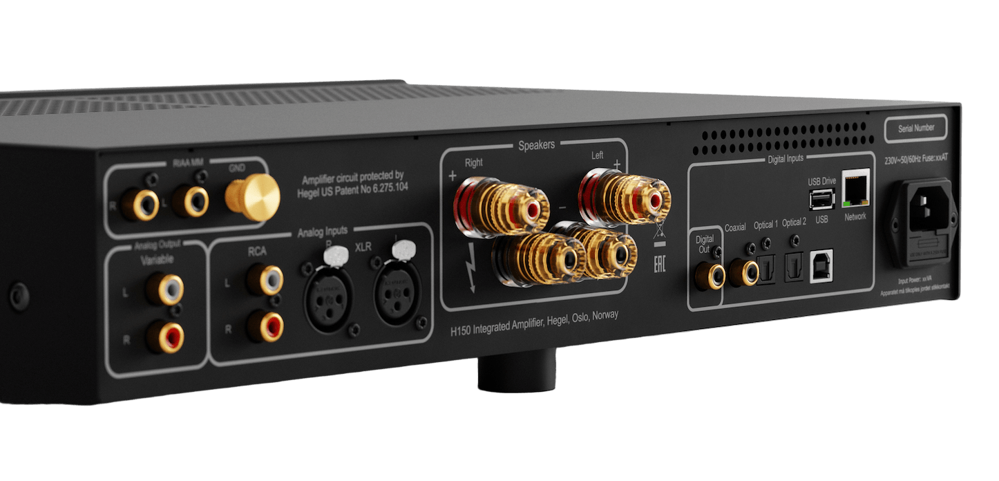 Hegel H150 Streaming Amplifier in Black, close up of back of unit