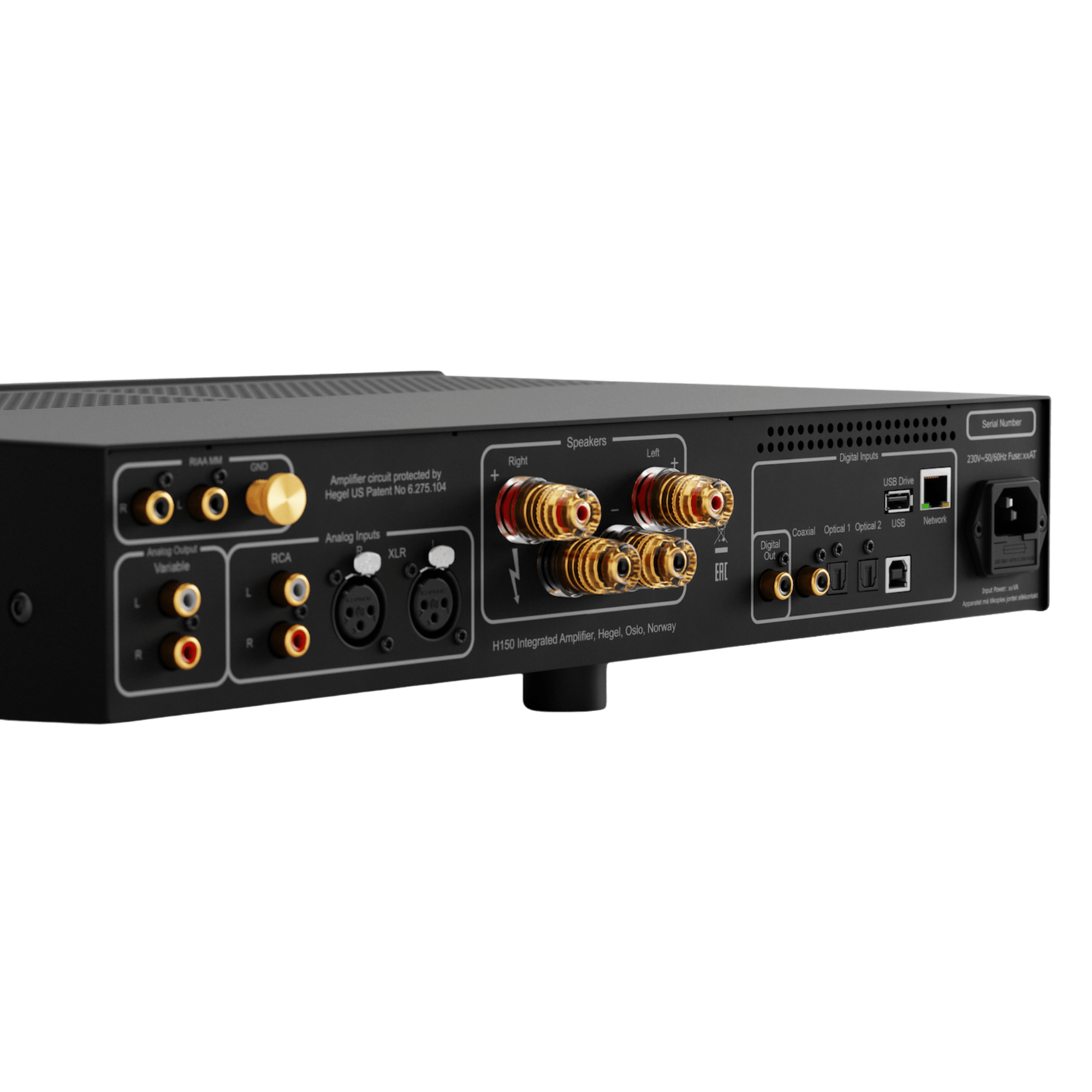 Hegel H150 Streaming Amplifier in Black, close up of back of unit