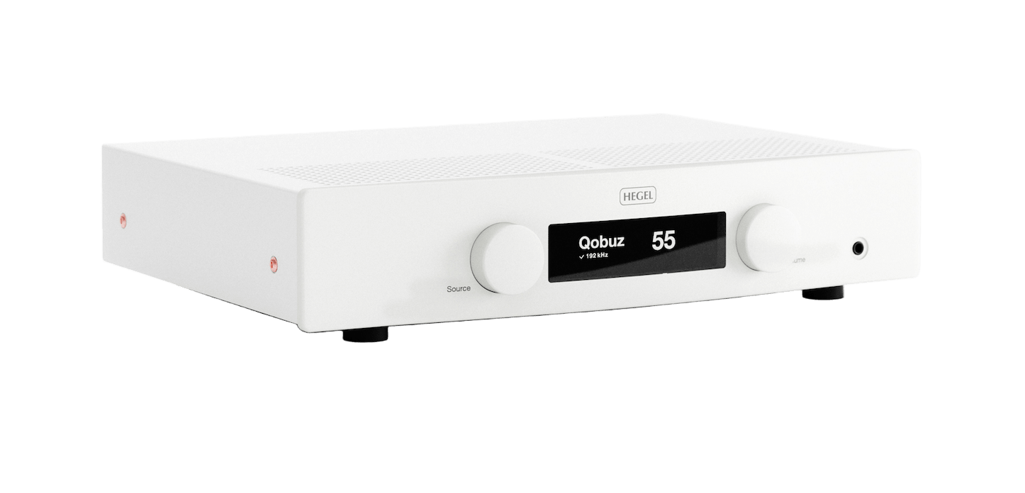 Hegel H150 Streaming Amplifier in White, angled view
