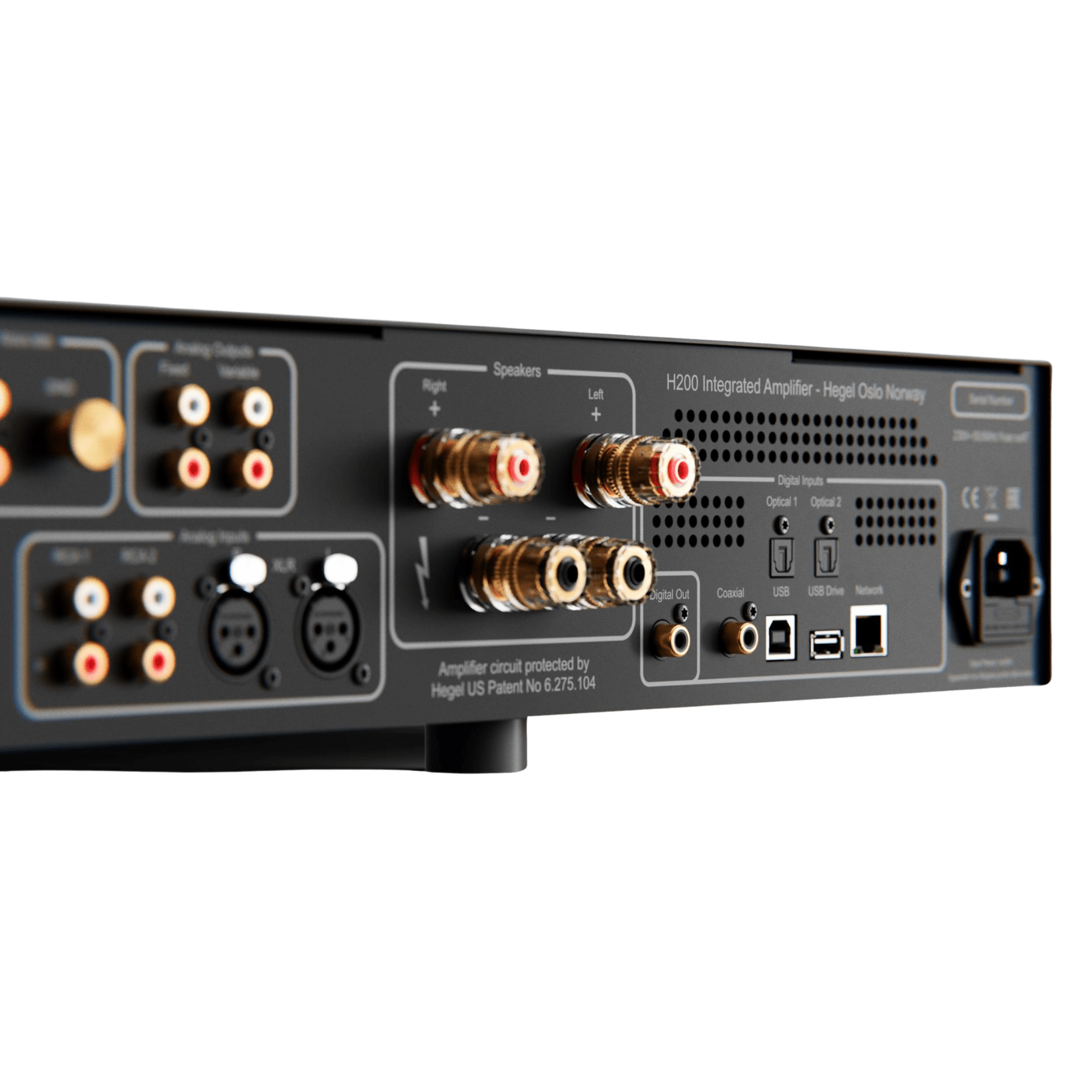 Hegel H200 Integrated Streaming Amplifier, back of unit, angled view
